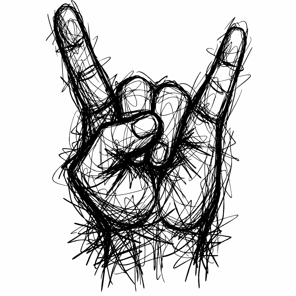 Sketch of a hand making the rock and roll horn sign with index and pinky raised